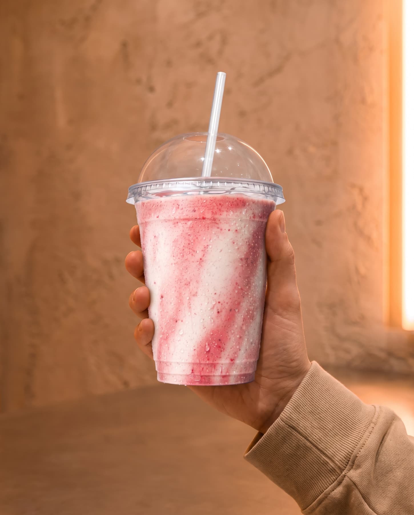 A hand holding a strawberry shake in front of a concrete wall